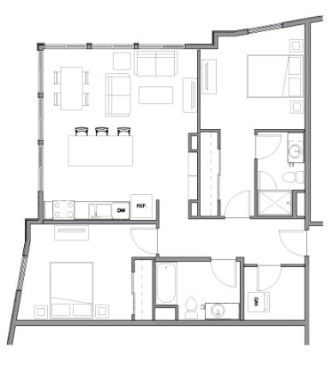 Floor plan for 2 beds, 2 baths, 1011 sqft
